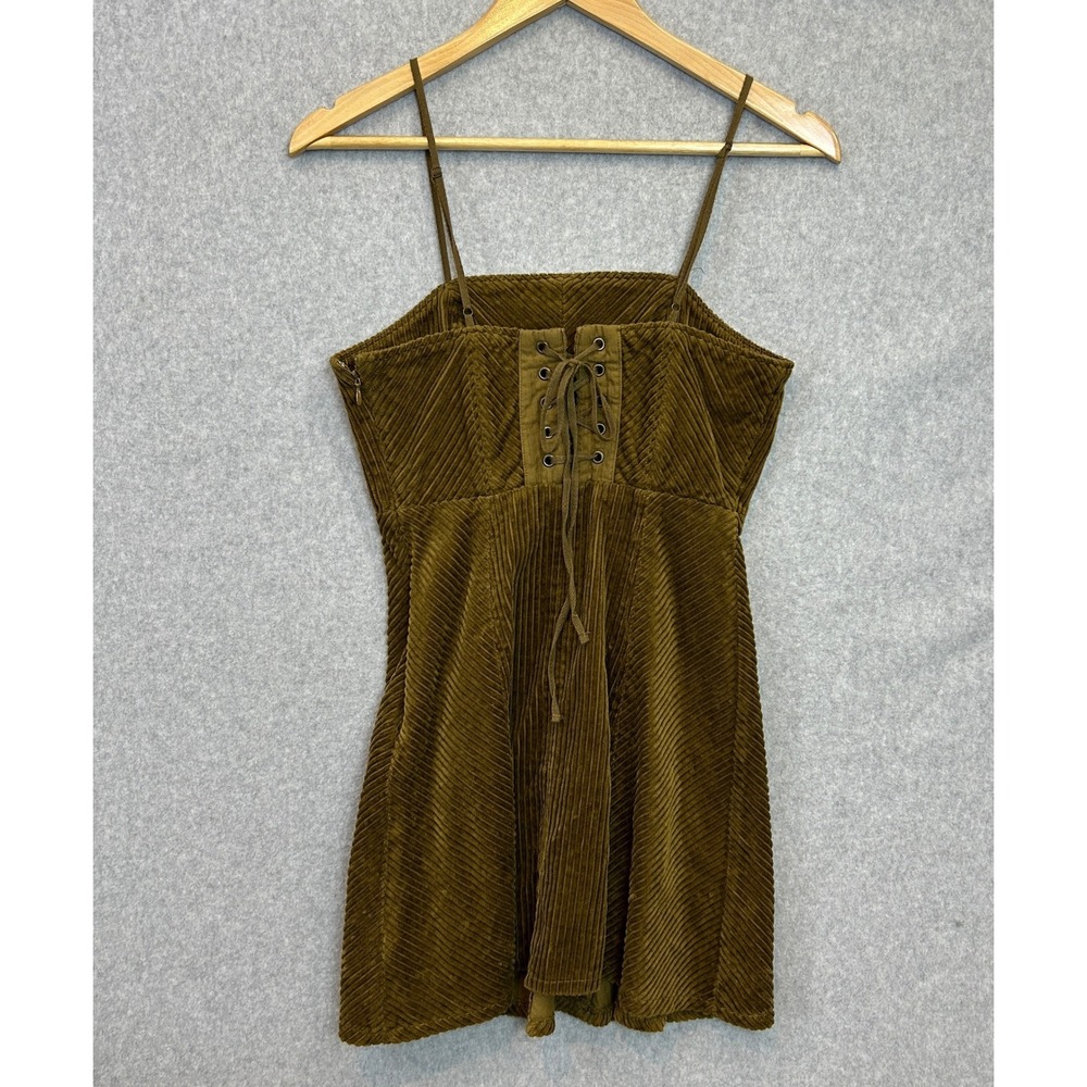 Urban Outfitters XS Mini Tank Dress Green Corduroy LaceUp Back Boho Goblin Indie